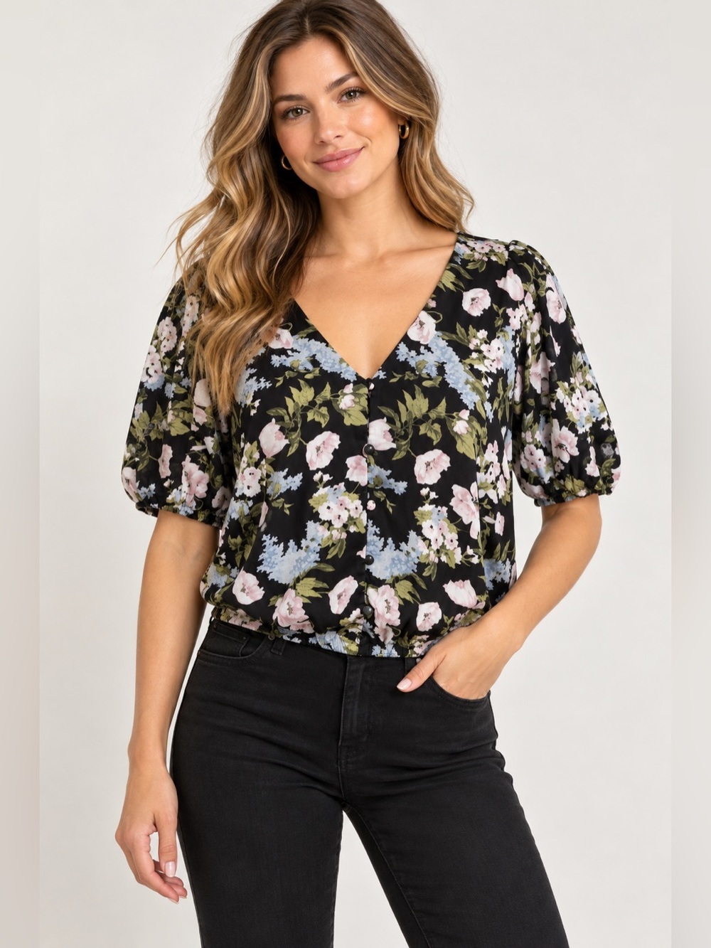 Astr the Label Floral V-Neck Button Front Blouse